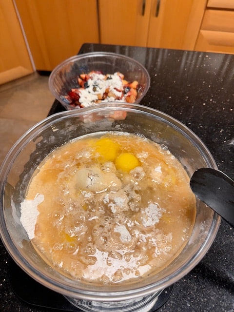 adding the wet ingredients to the dry