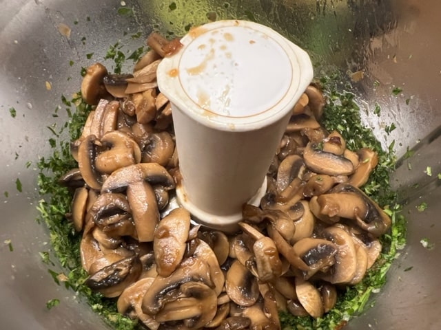 add walnuts, salt and cooked mushrooms