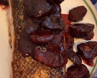 Pan seared crispy salmon with Cherry Sauce