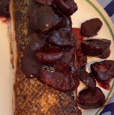 Pan seared crispy salmon with Cherry Sauce