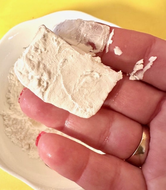 dredged halloumi in cornstarch