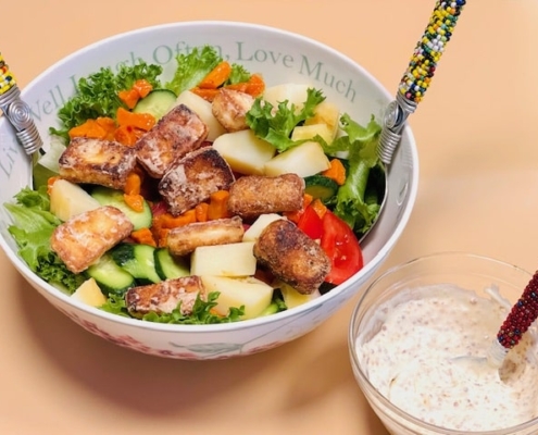 Crispy Halloumi Salad with Mustard Dressing