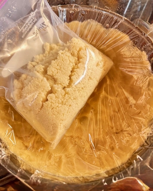 crust and crumbs covered and bagged ready for fridge