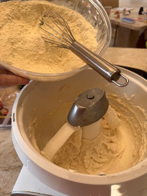adding the flours and salt and vanilla