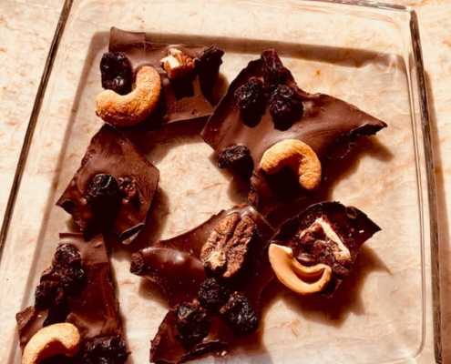 Chocolate Bark with Pecans, Cashews and Craisins