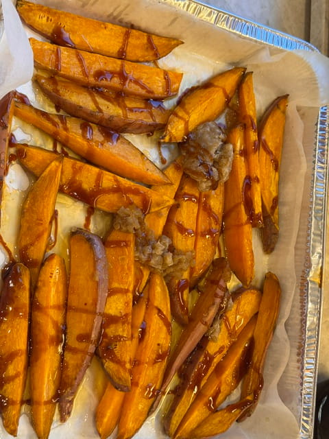 drizzle sweet potatoes with silan and honey and onions