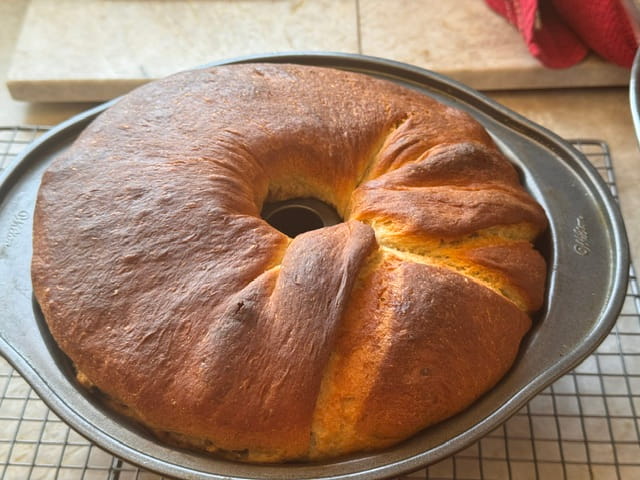 Baked bundt cake before being turned right side up