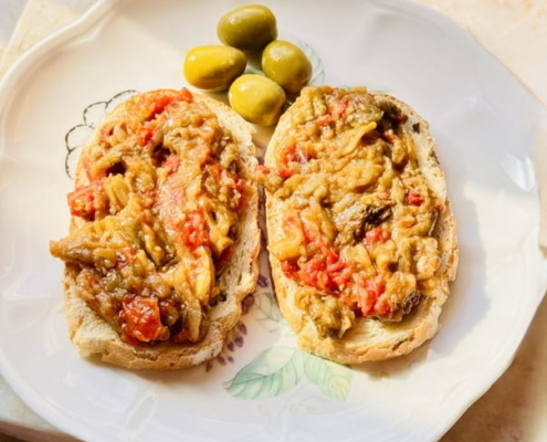 Eggplant spread with tomato and garlic confit
